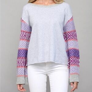 Fate Gray Sweater with Purple and Pink Patterned Sleeves
